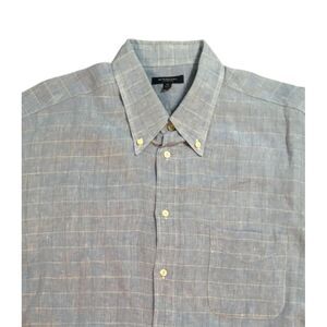 Burberry London Mens Button Down Shirt Blue Plaid Check Linen Pocket Size 44 euc